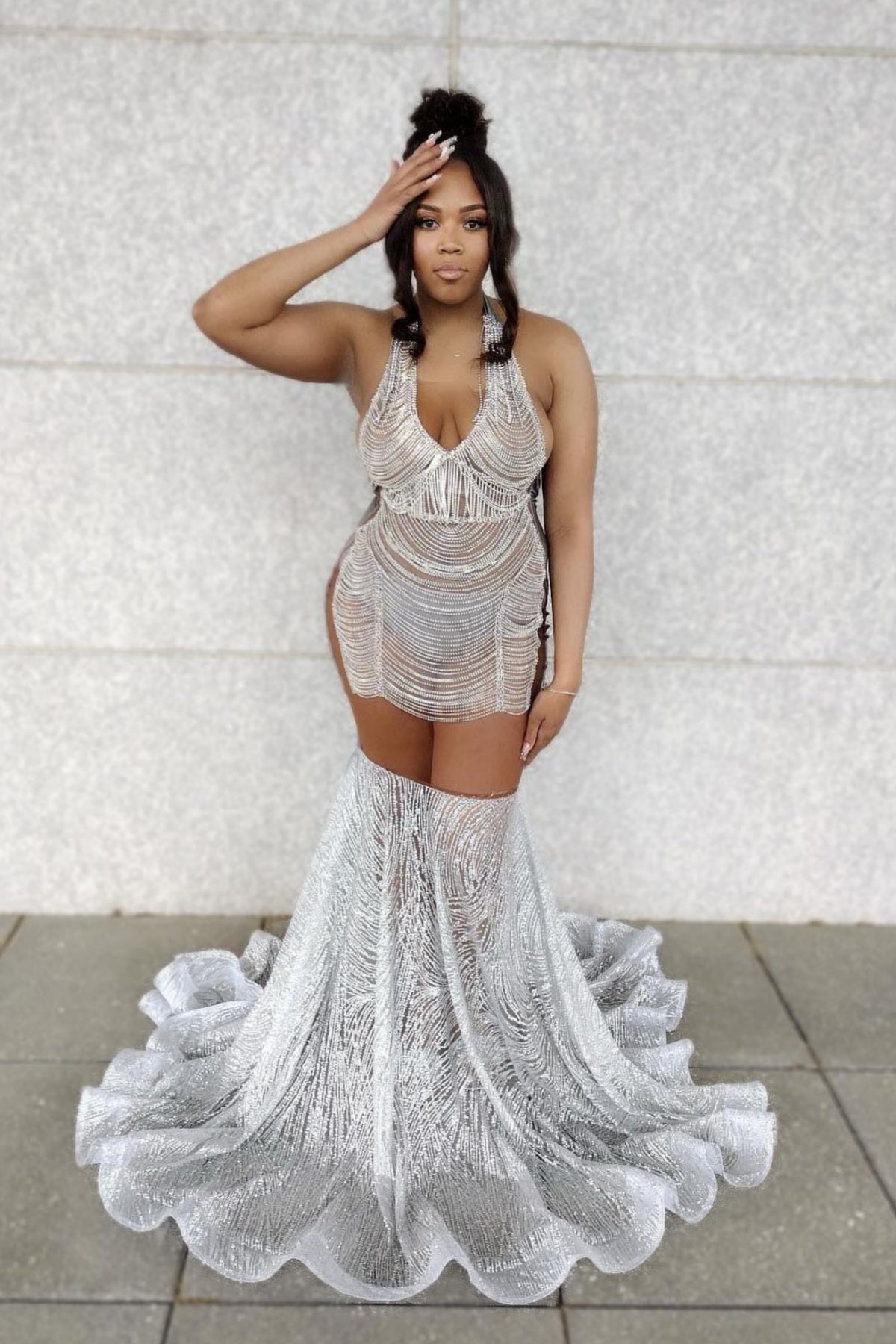 Sexy Silver Halter Sequins Mermaid Prom Dresses