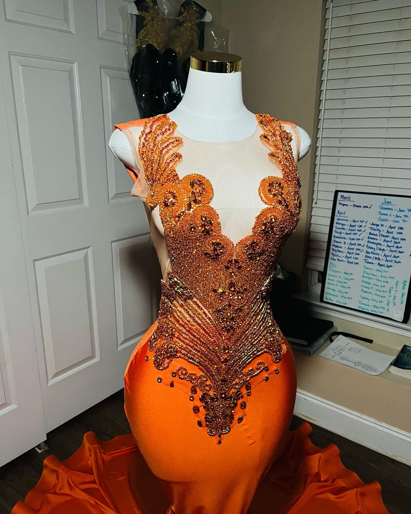Elegant Orange Beadings Mermaid Sheer Tulle Mermaid Prom Dresses