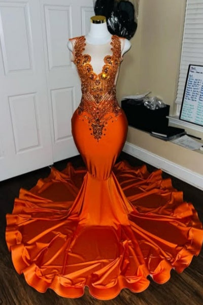 Elegant Orange Beadings Mermaid Sheer Tulle Mermaid Prom Dresses