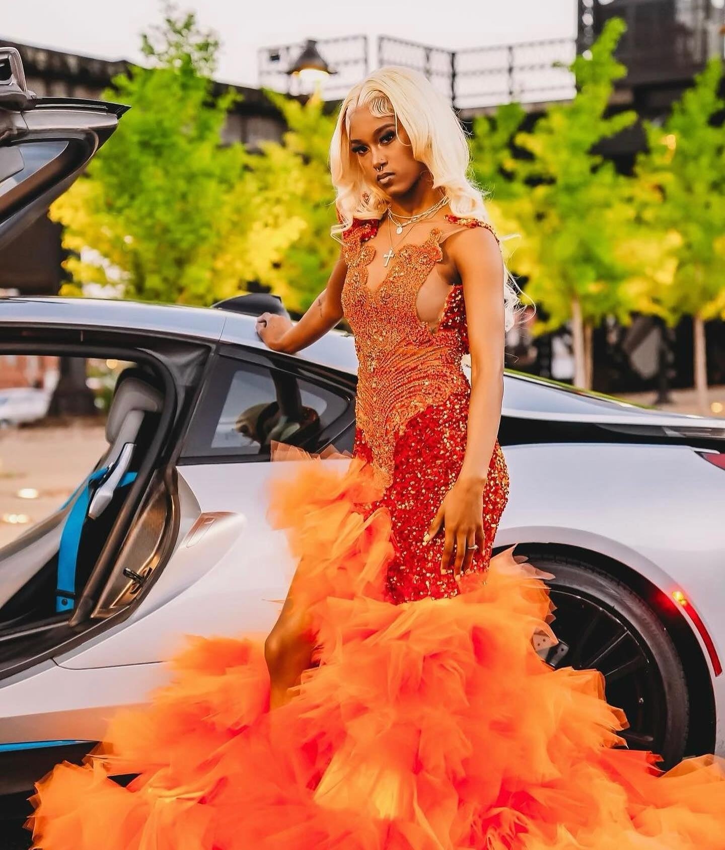 Glamorous Orange V-Neck Slit Beadings Prom Dresses With Puffy Layers