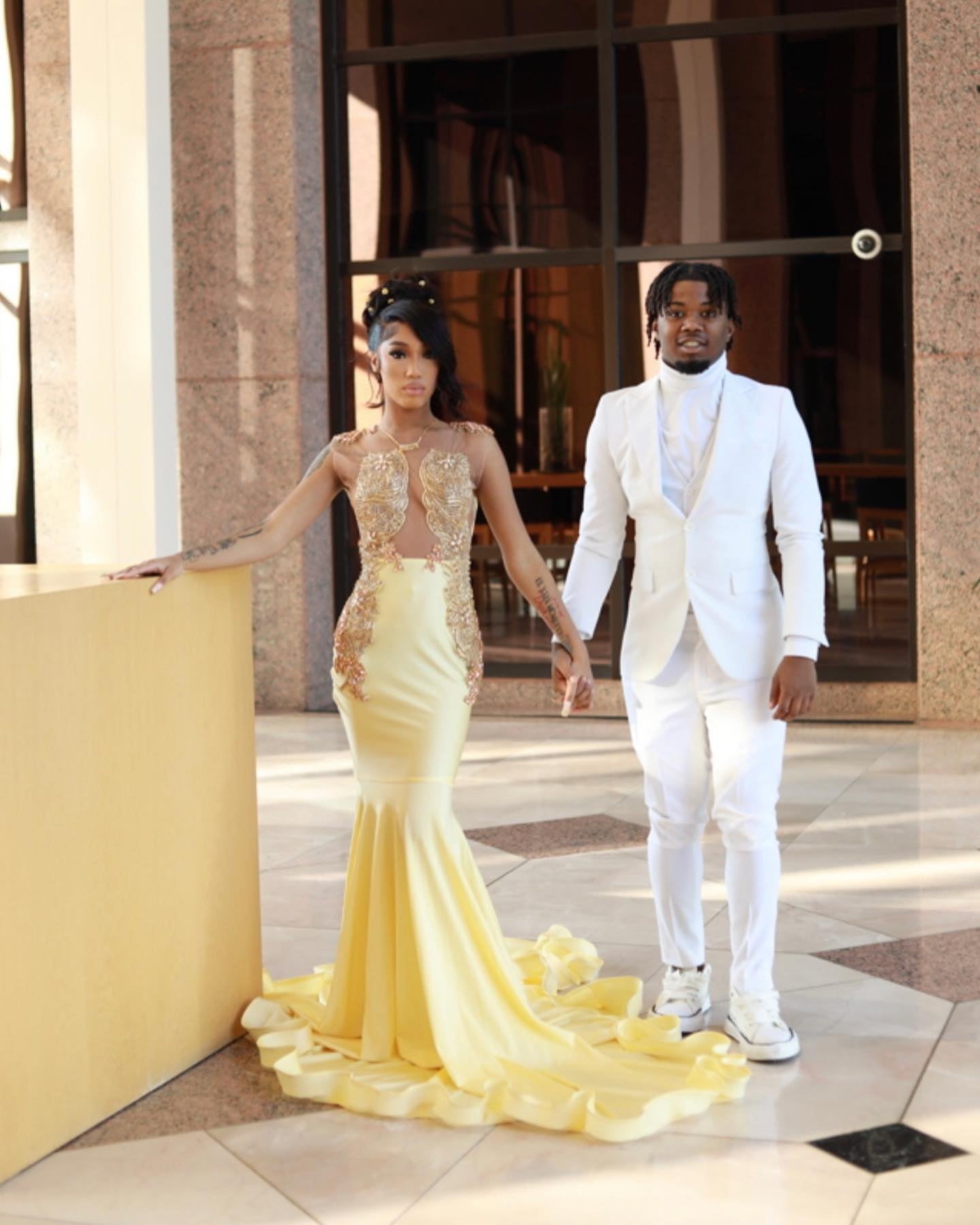 Charming Light Yellow Sexy Beadings Mermaid Prom Dresses