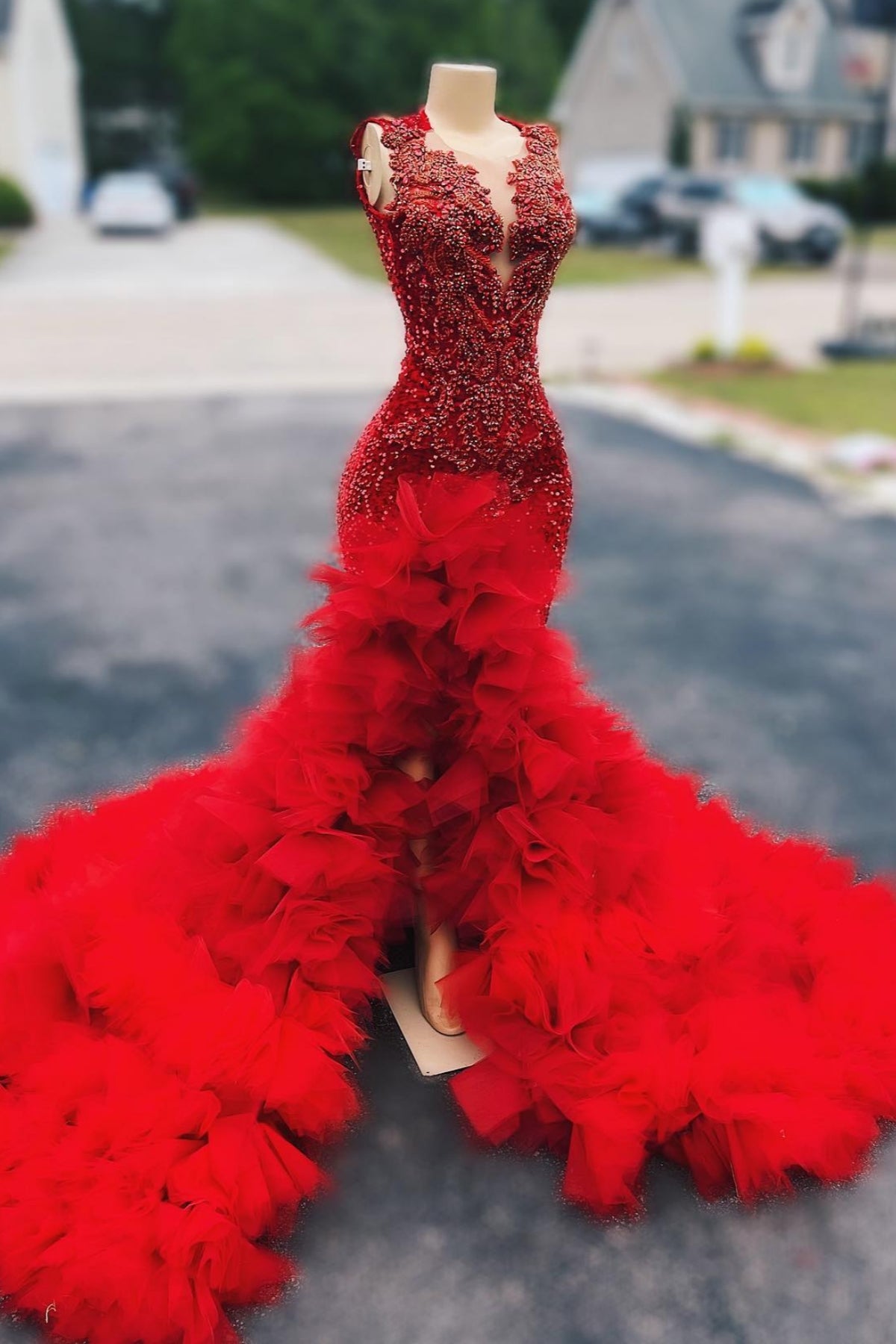 Glamorous Red Beadings Slit Puffy Lyers Prom Dresses