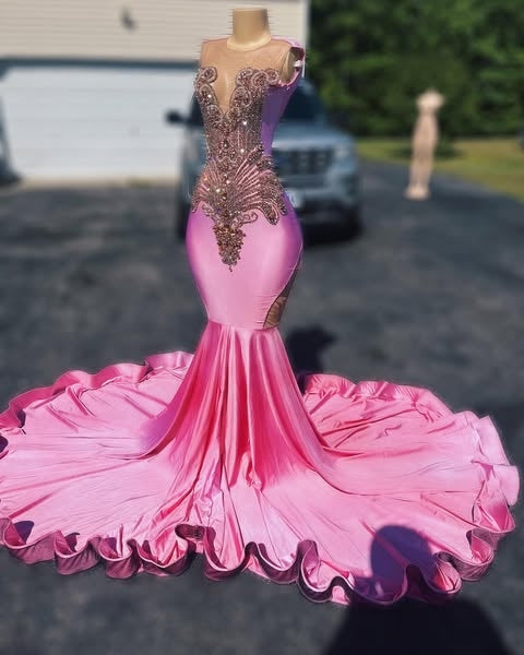 Lovely Pink Satin Beadings Mermaid Prom Dresses