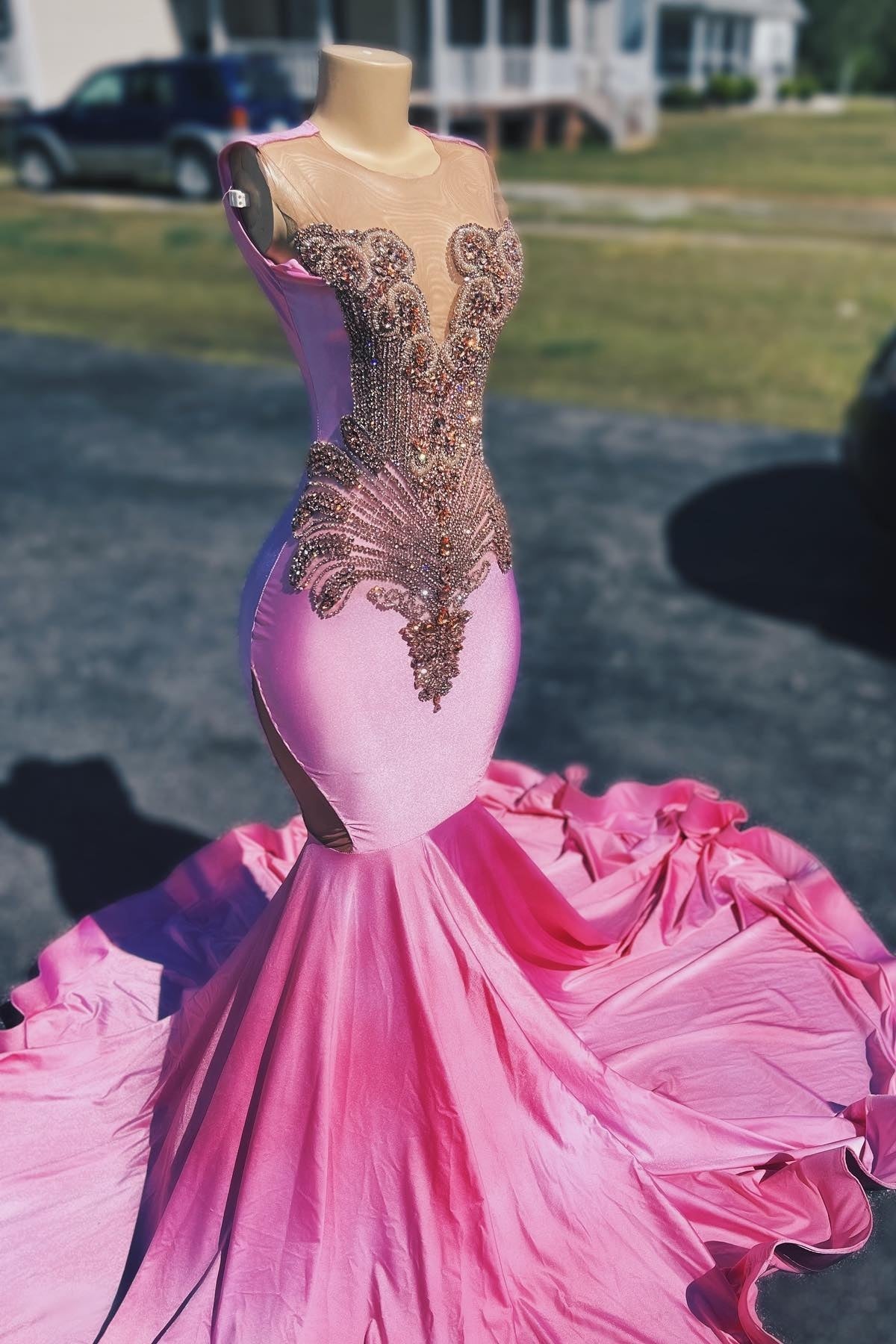 Lovely Pink Satin Beadings Mermaid Prom Dresses