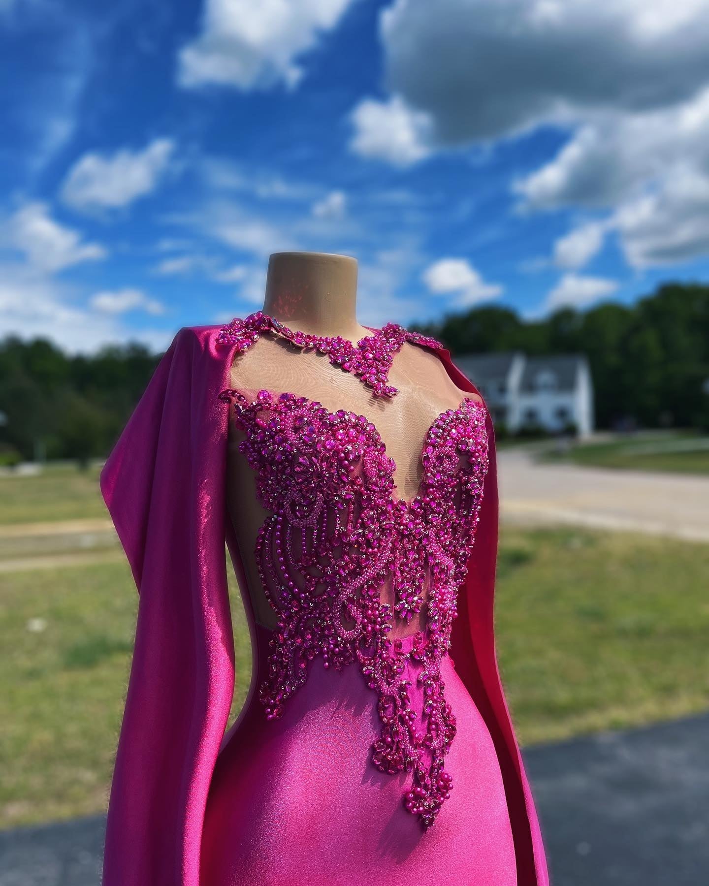 Fancy Magenta Beadings Mermaid Prom Dresses With Flowing Sleeves