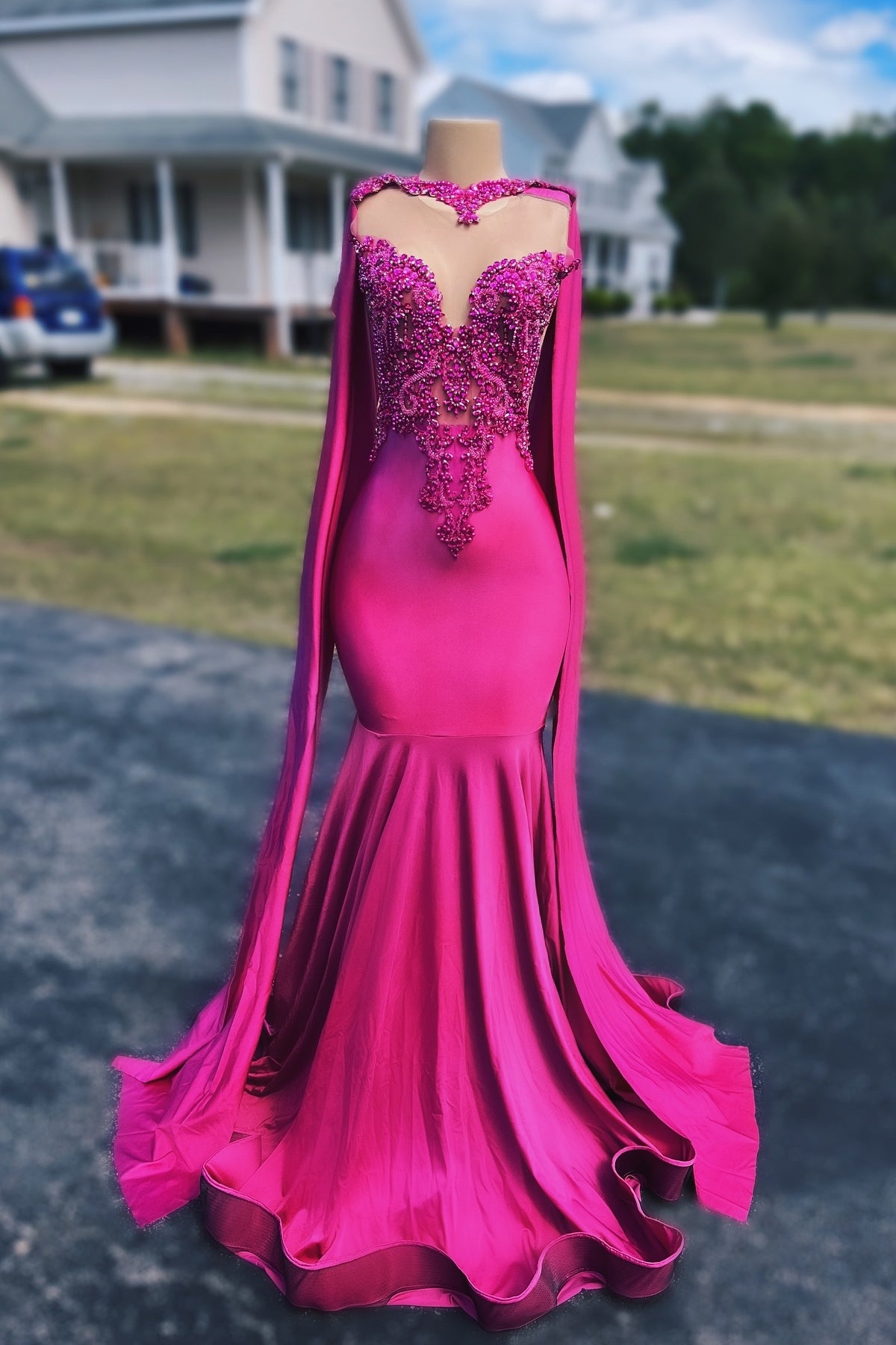 Fancy Magenta Beadings Mermaid Prom Dresses With Flowing Sleeves