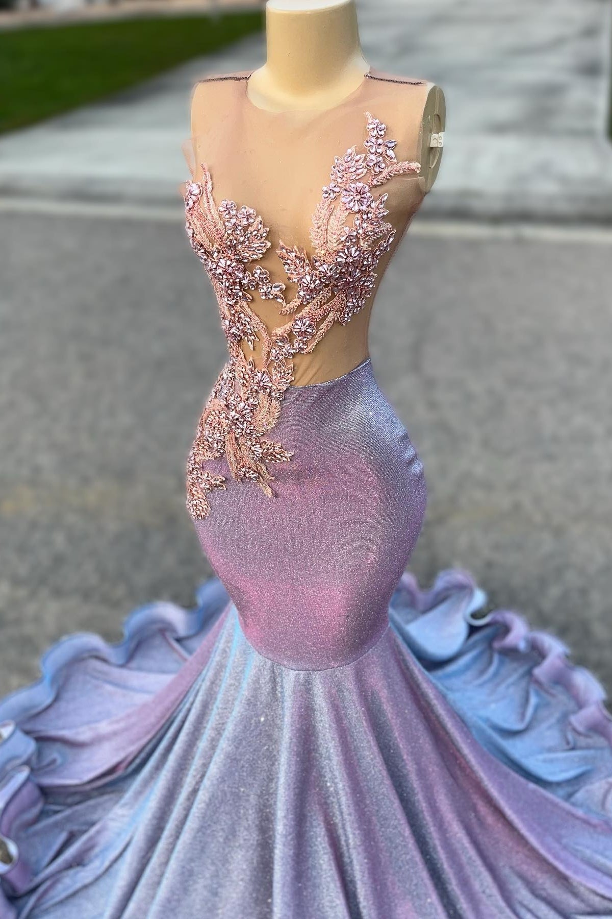 Sparkly Lilac Sleeveless Beadings Mermaid Prom Dresses