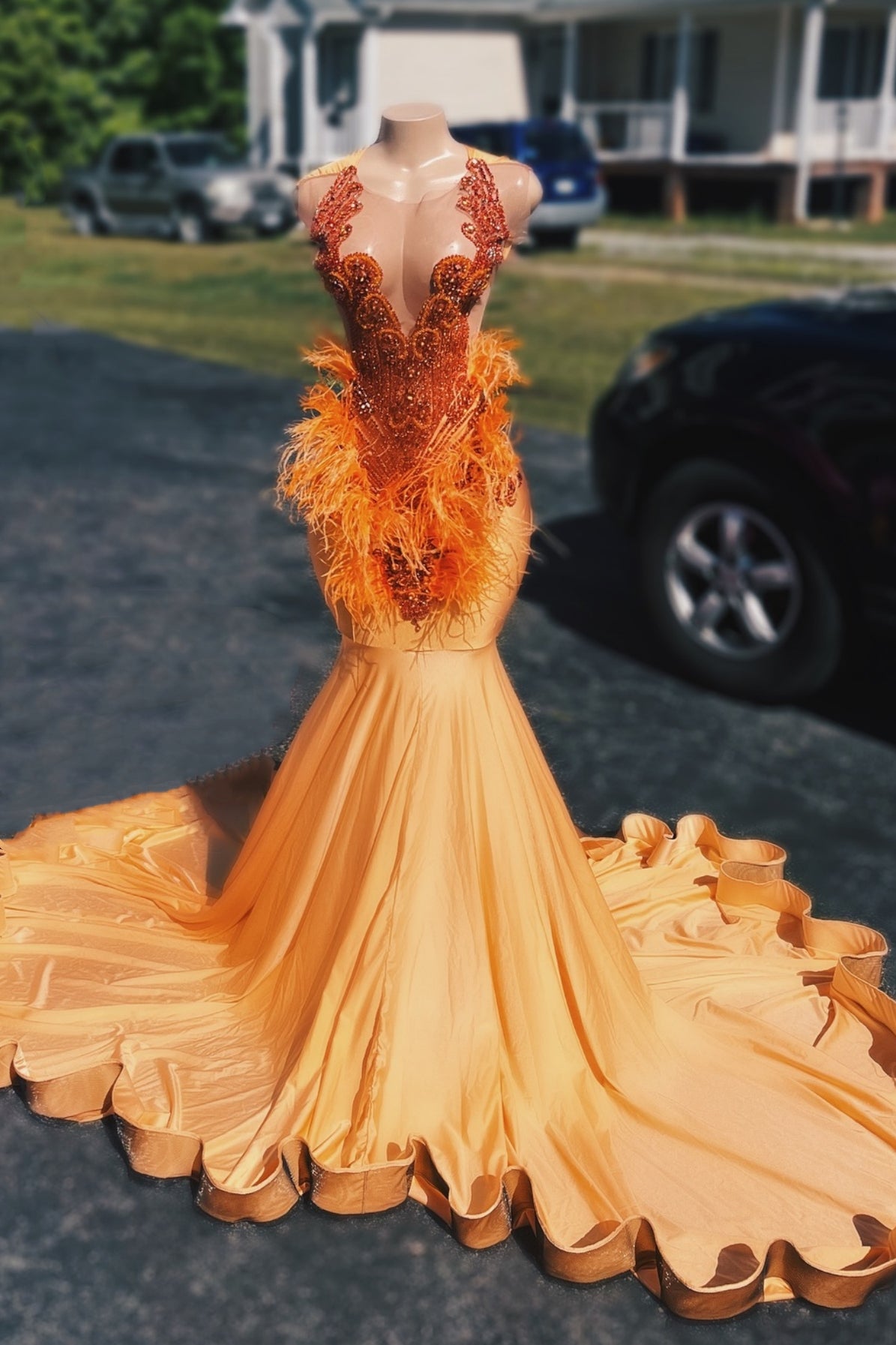Sexy Orange Sleeveless Beadings Mermaid Prom Dresses With Feathers
