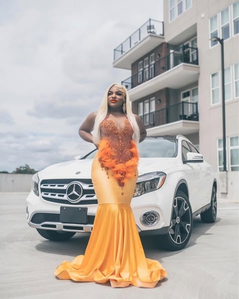 Fashion Orange Beadings Mermaid Prom Dresses With Feathers