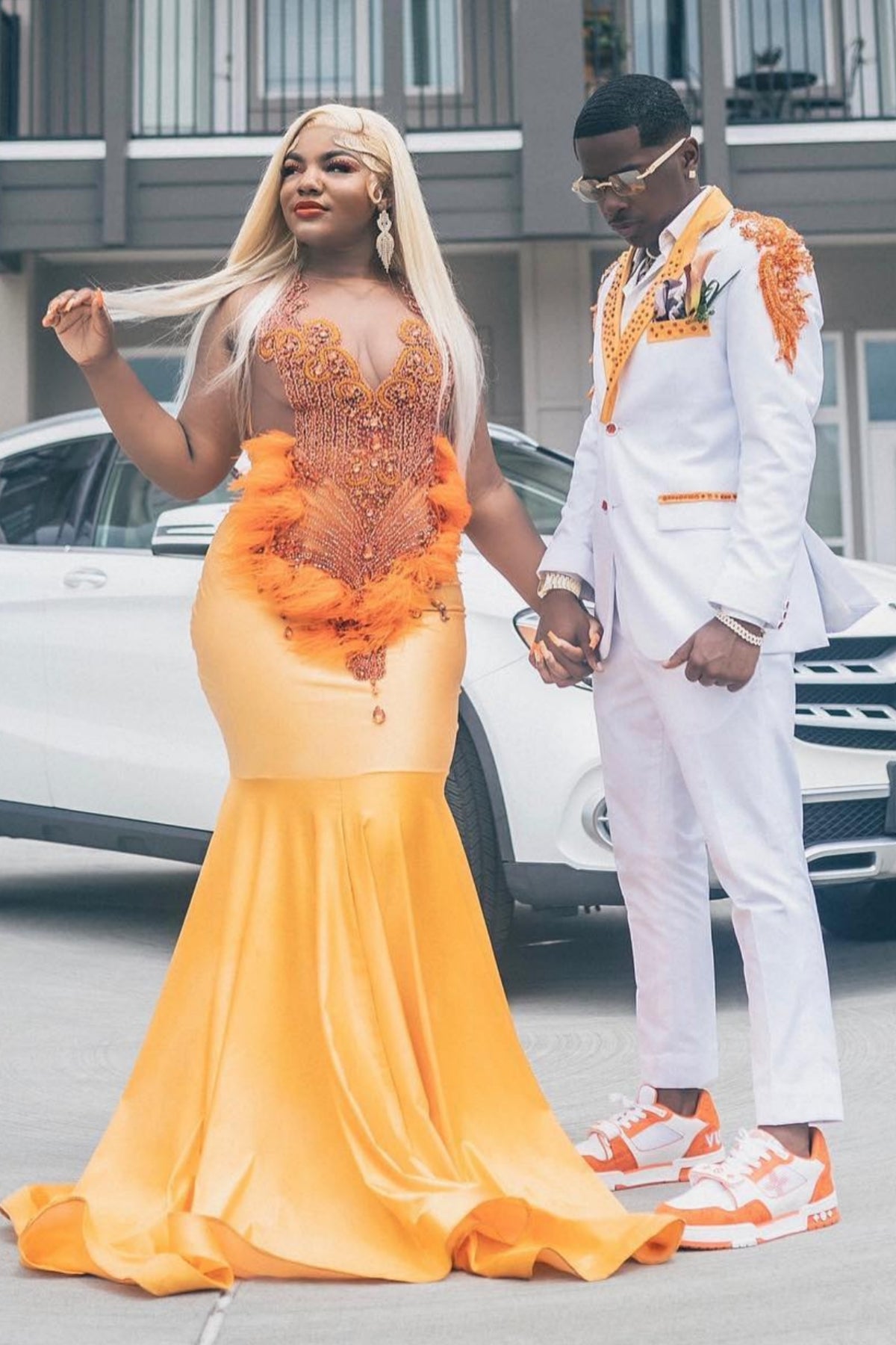 Fashion Orange Beadings Mermaid Prom Dresses With Feathers