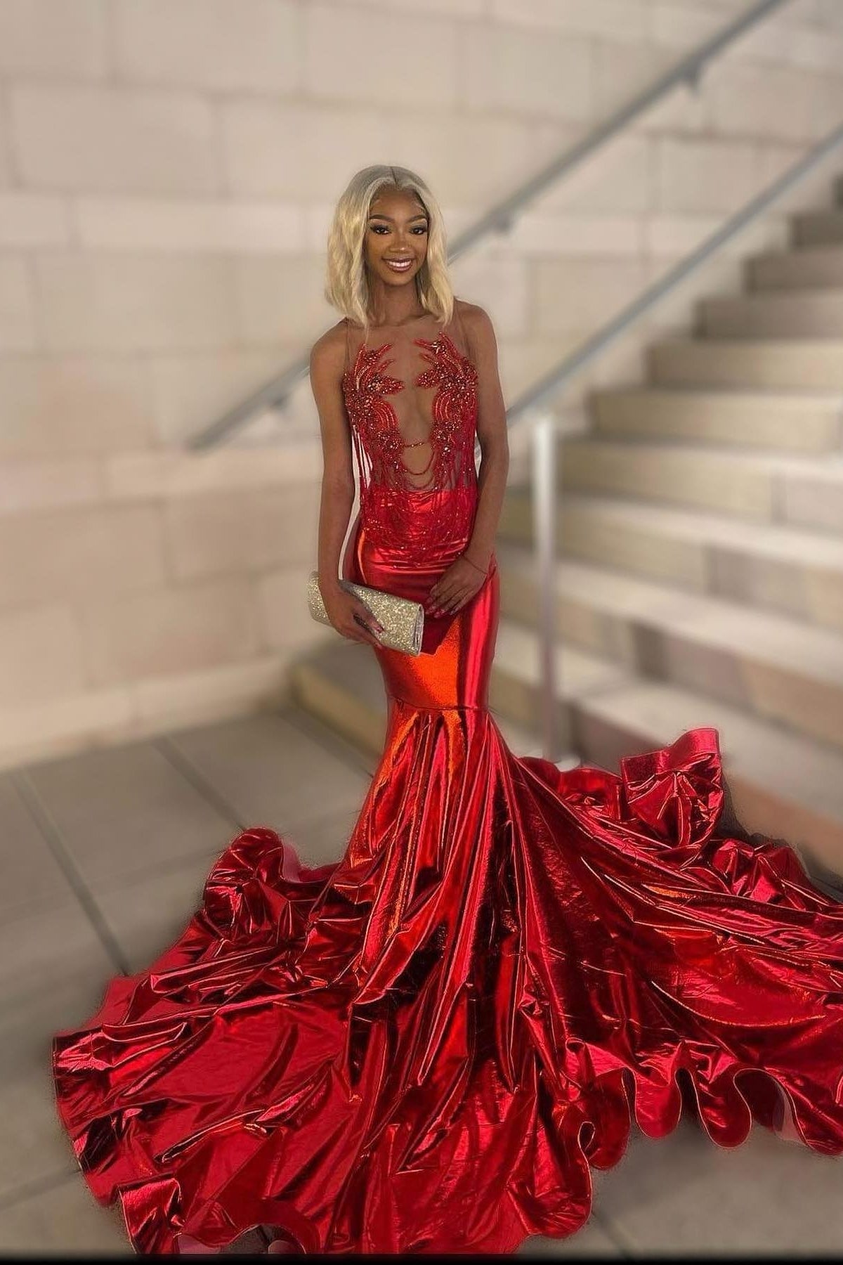 Sparkle Red Jewel Beadings Mermaid Prom Dresses With Tassel