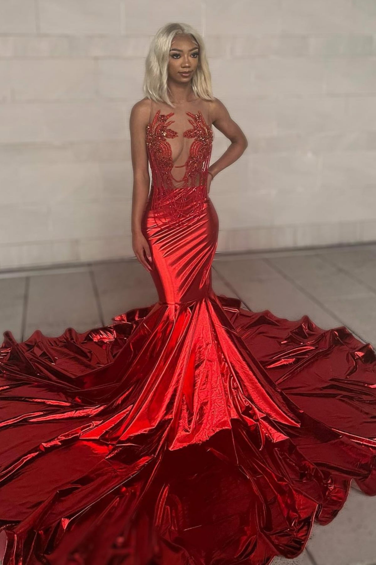 Sparkle Red Jewel Beadings Mermaid Prom Dresses With Tassel