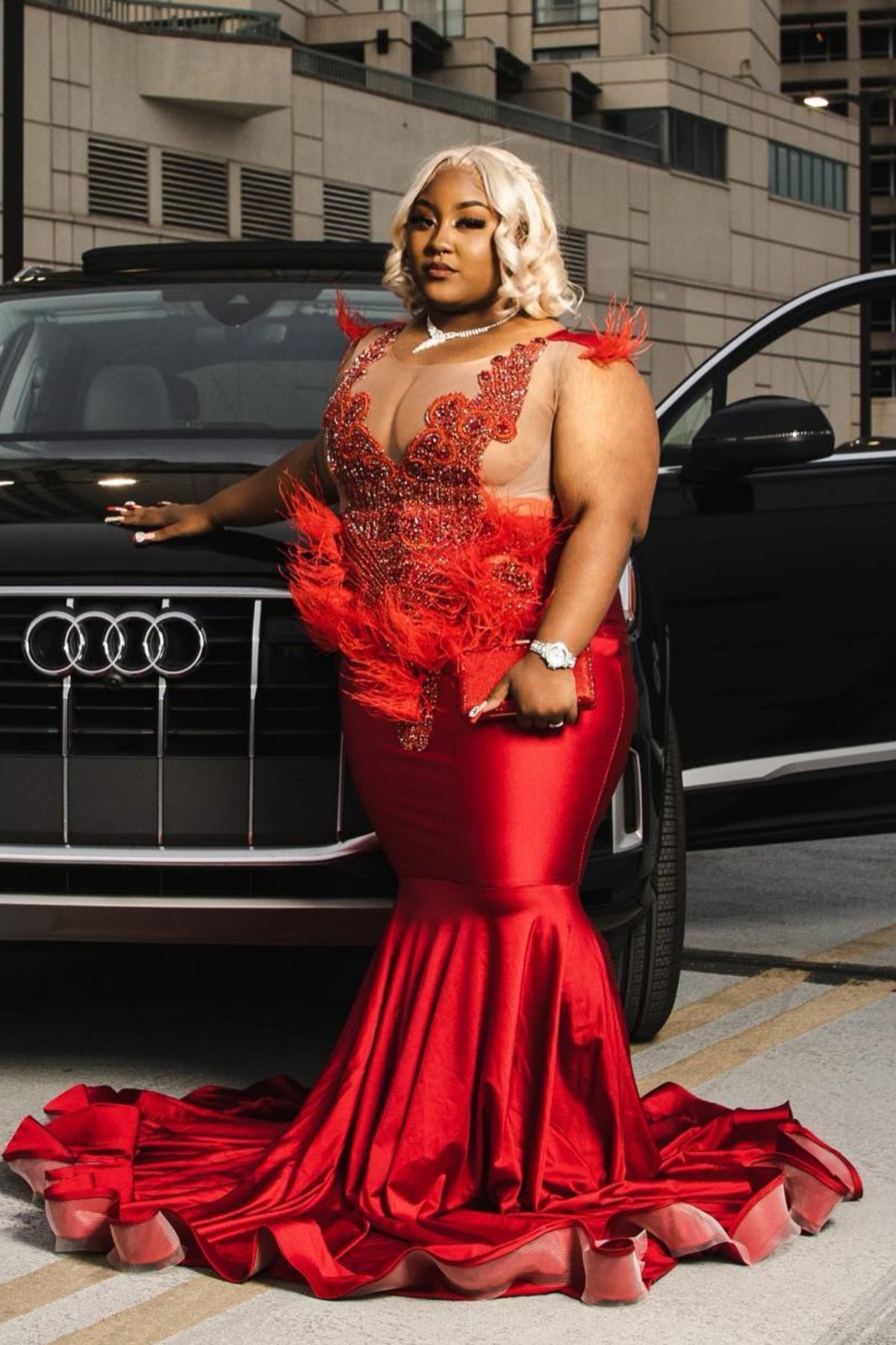 Handsome Red Jewel Beadings Mermaid Prom Dresses With Feathers