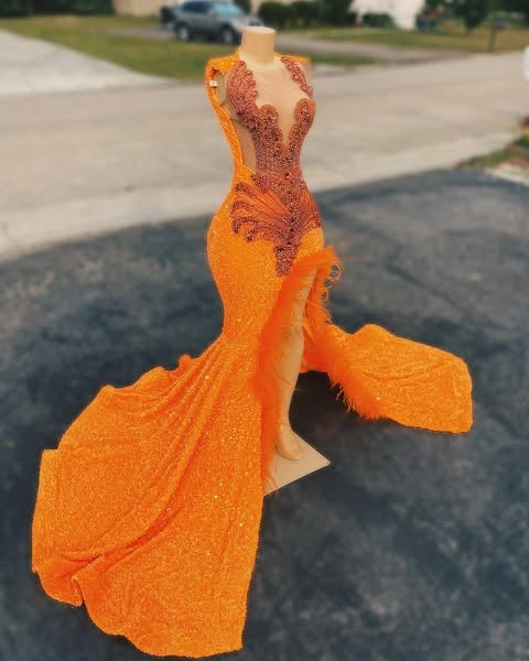 Beautiful Orange Beadings Slit Prom Dresses With Feathers