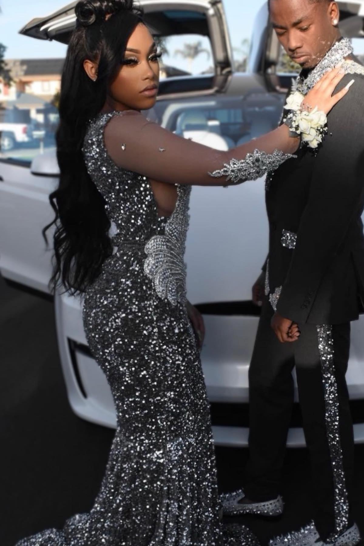 Intellectuality Silver Jewel Long Sleeves Beadings Mermaid Prom Dresses