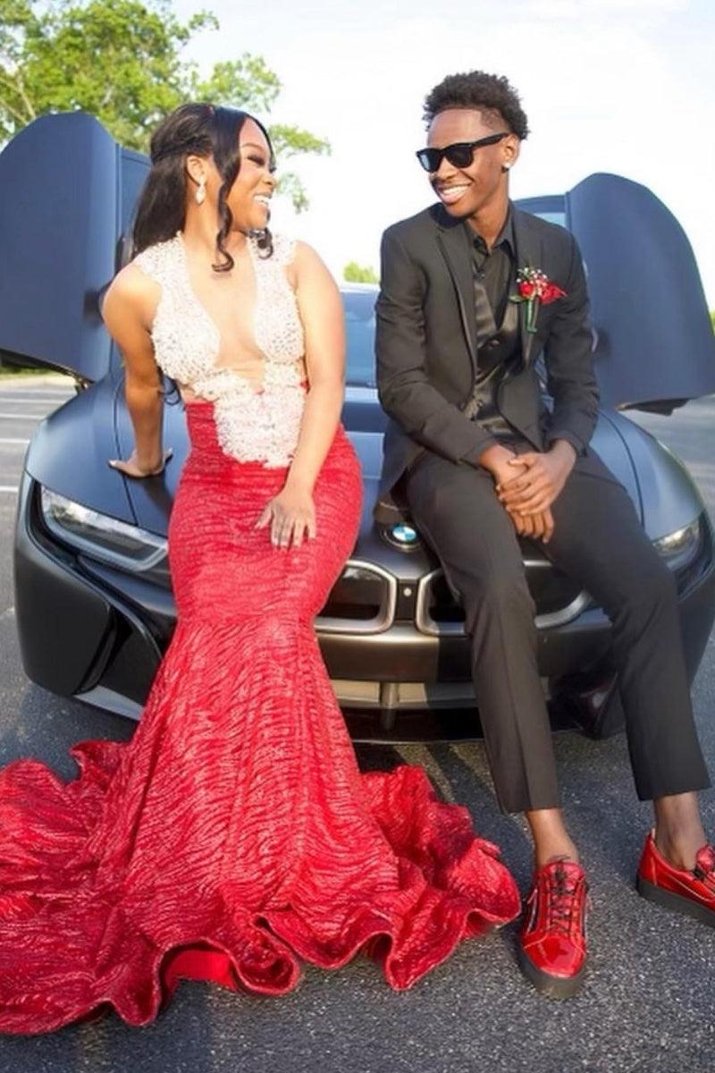 Sexy Red Jewel Sequins Mermaid Prom Dresses With Appliques
