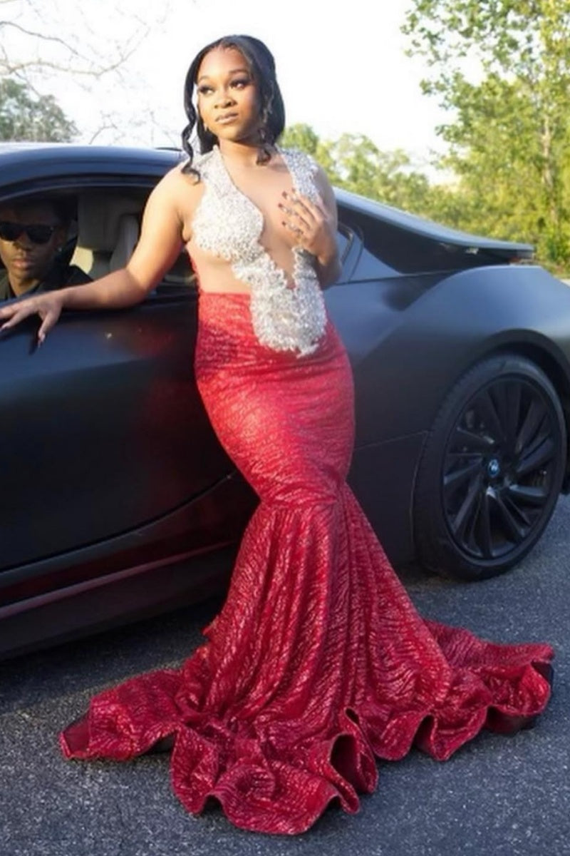 Sexy Red Jewel Sequins Mermaid Prom Dresses With Appliques