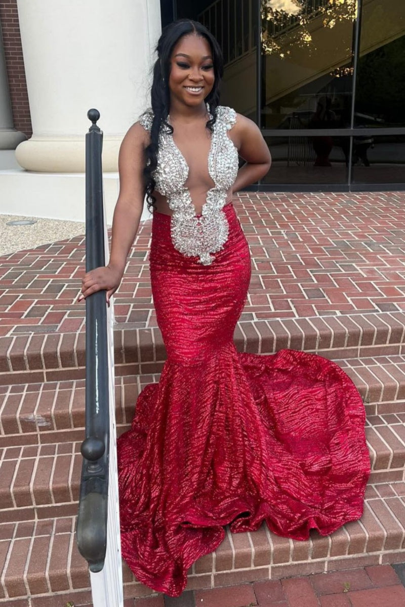 Sexy Red Jewel Sequins Mermaid Prom Dresses With Appliques