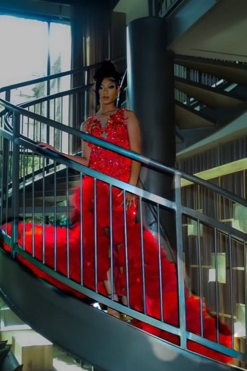 Charming Red Tulle High Slit Puffy Layers Prom Dresses With Beadings