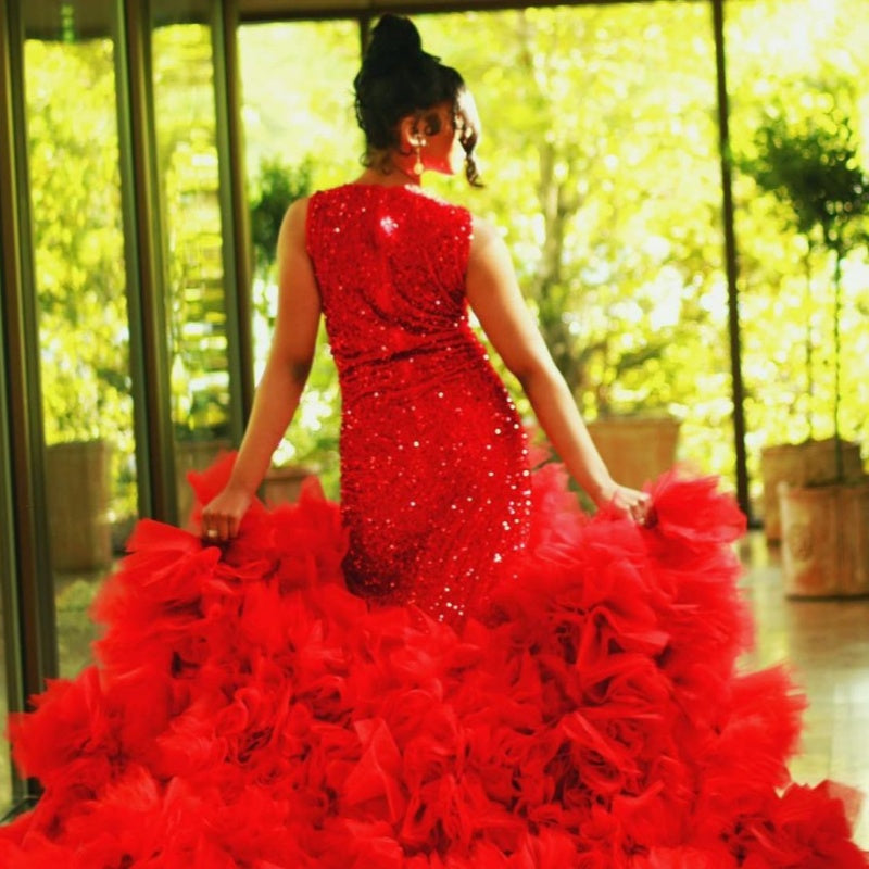 Charming Red Tulle High Slit Puffy Layers Prom Dresses With Beadings