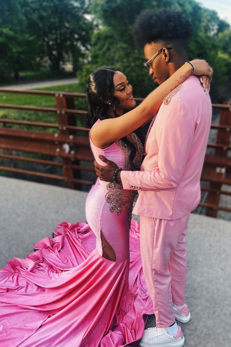 Beautiful Fuchsia Jewel Soft Satin Mermaid Prom Dresses With Appliques
