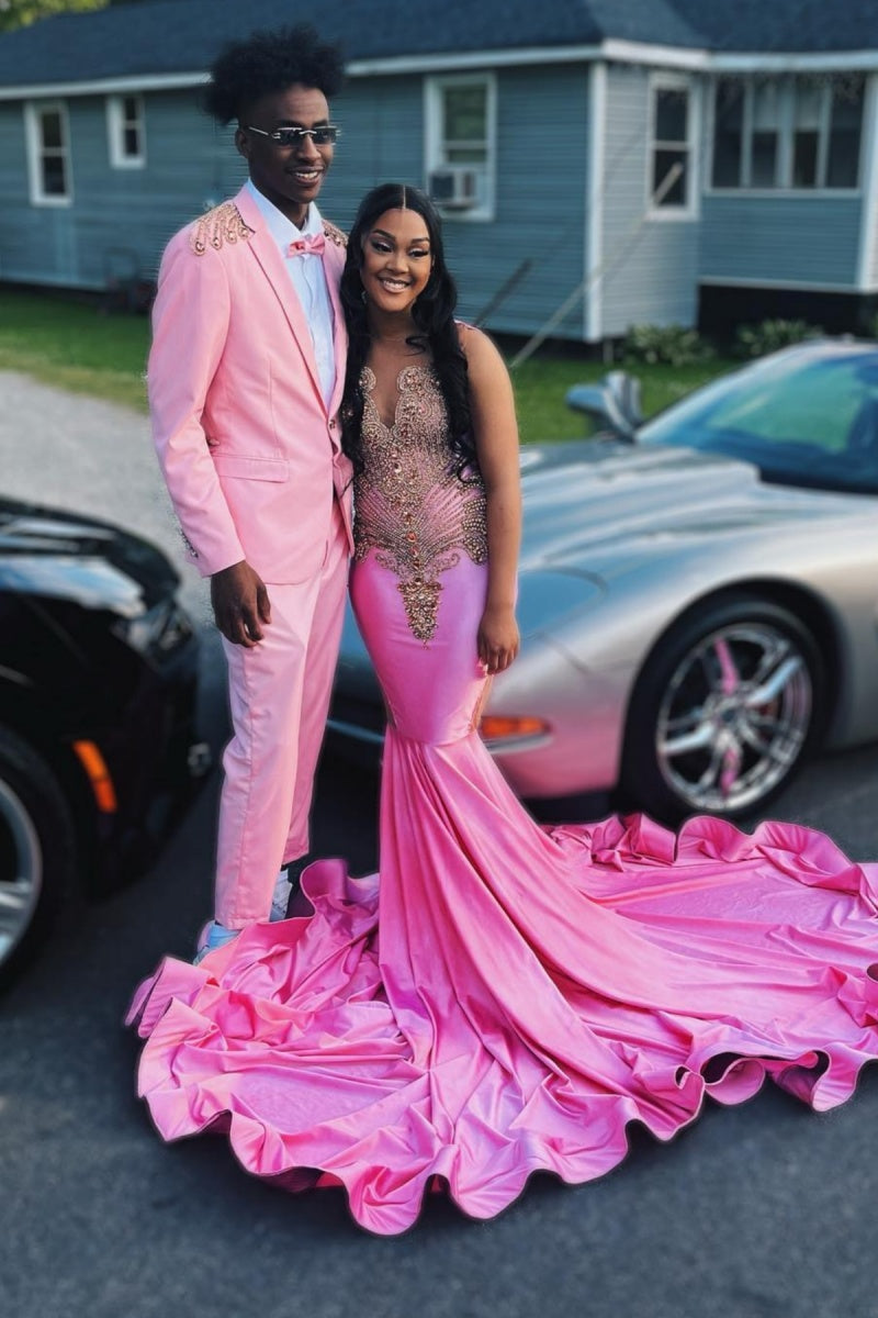Beautiful Fuchsia Jewel Soft Satin Mermaid Prom Dresses With Appliques