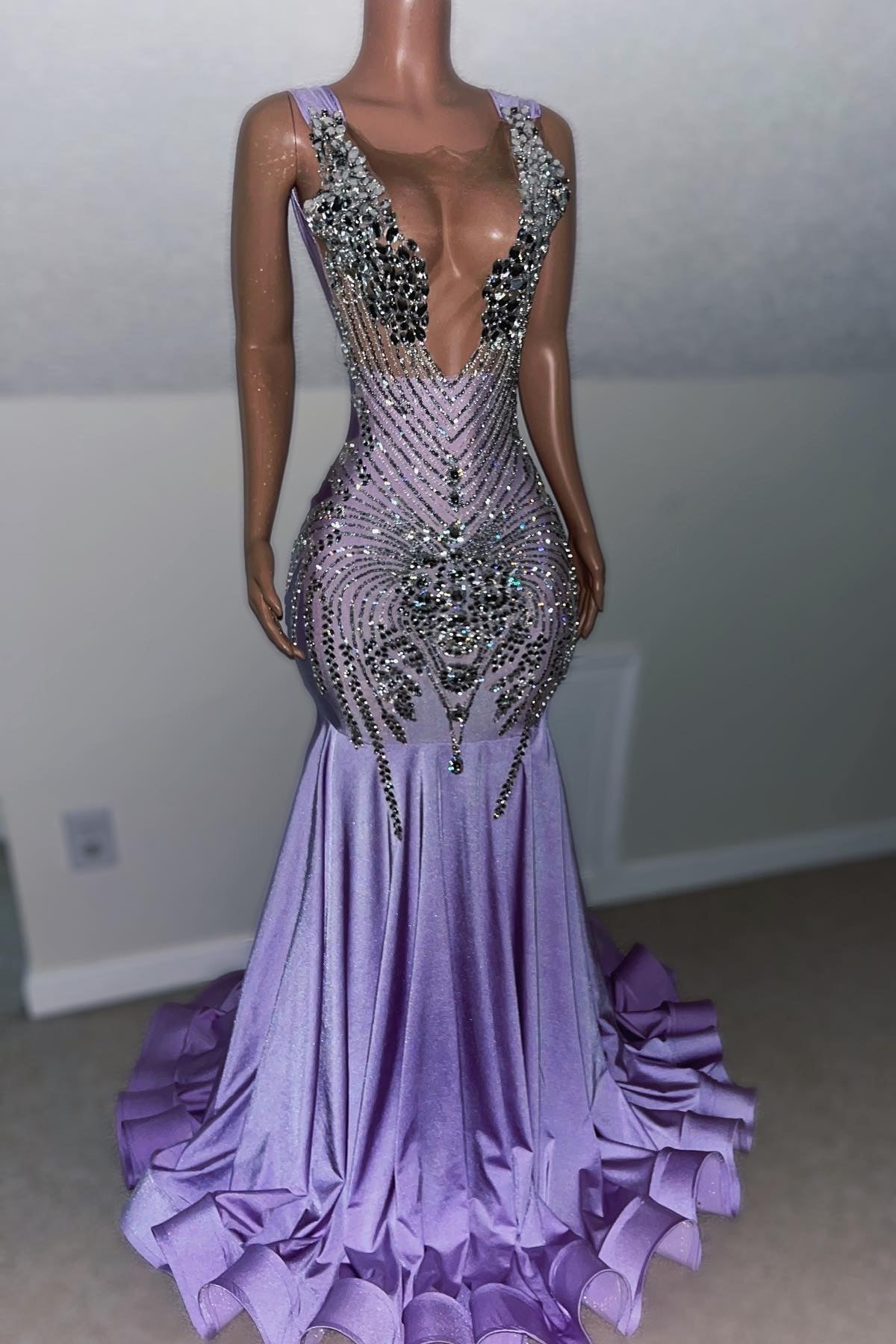 Modern Lavender V-Neck Beadings Mermaid Prom Dresses