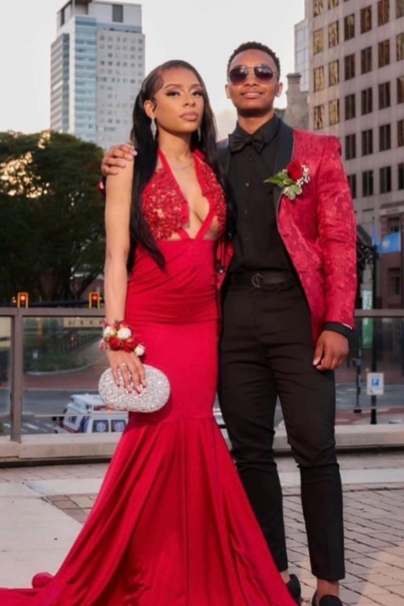 Sexy Red Halter Soft Satin Mermaid Prom Dresses