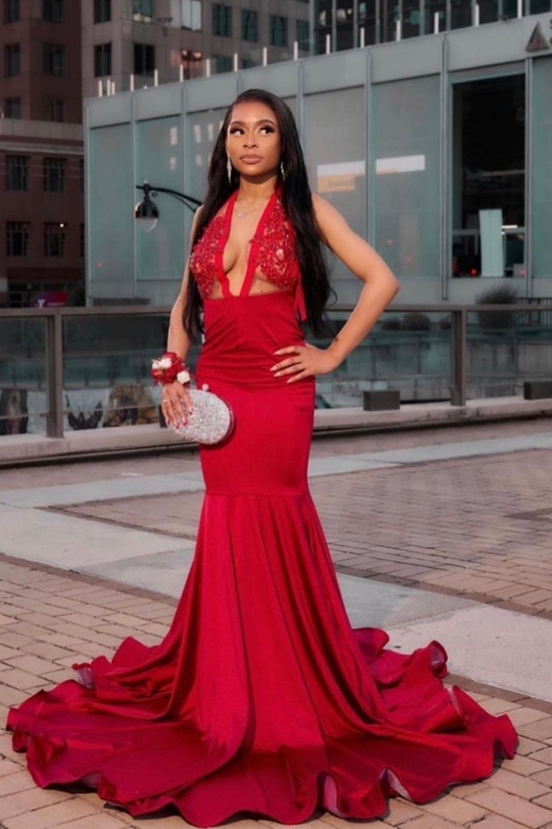 Sexy Red Halter Soft Satin Mermaid Prom Dresses
