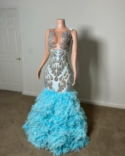 Blue Charming Silver Beadings Puffy Layers Mermaid Prom Dresses
