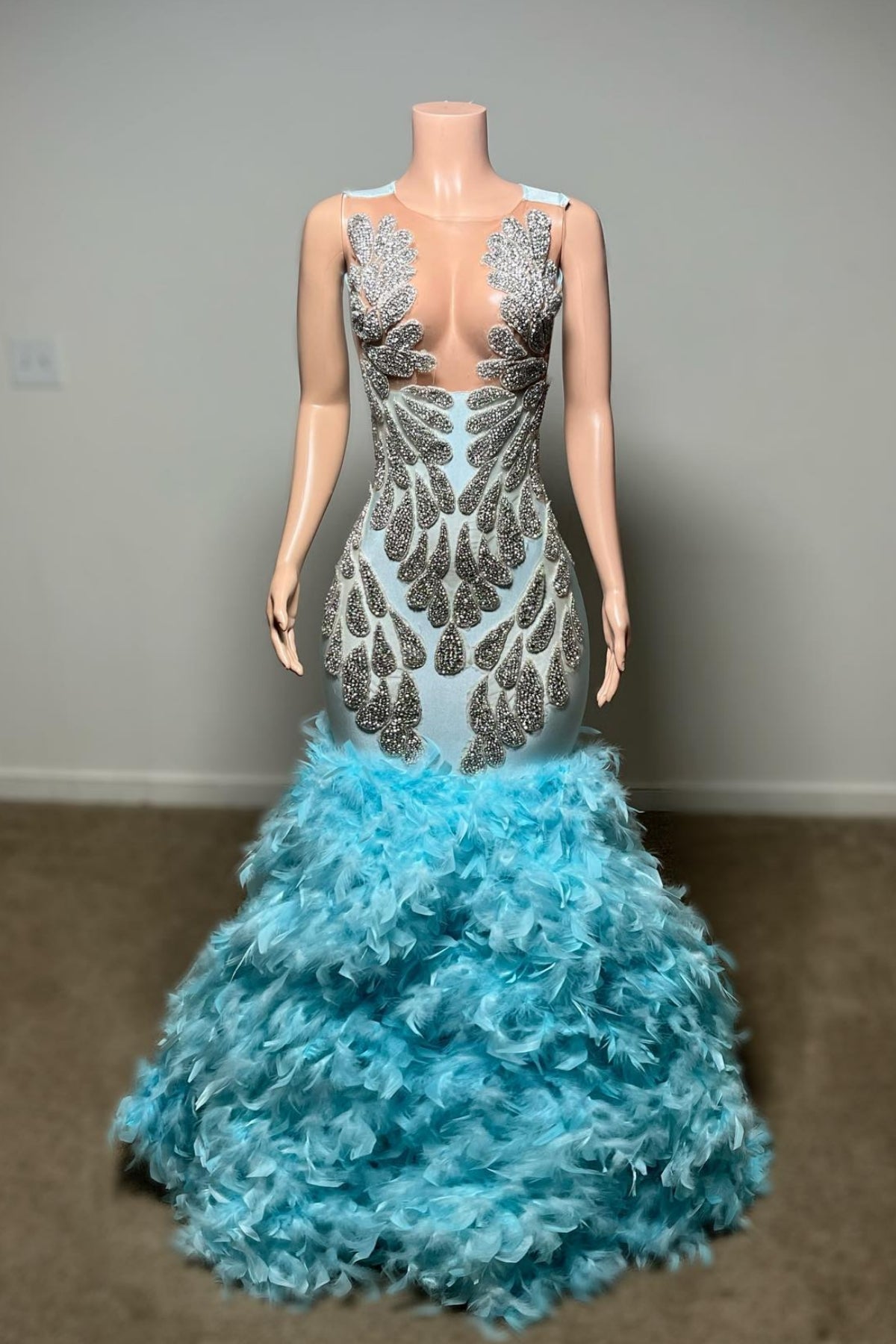 Blue Charming Silver Beadings Puffy Layers Mermaid Prom Dresses