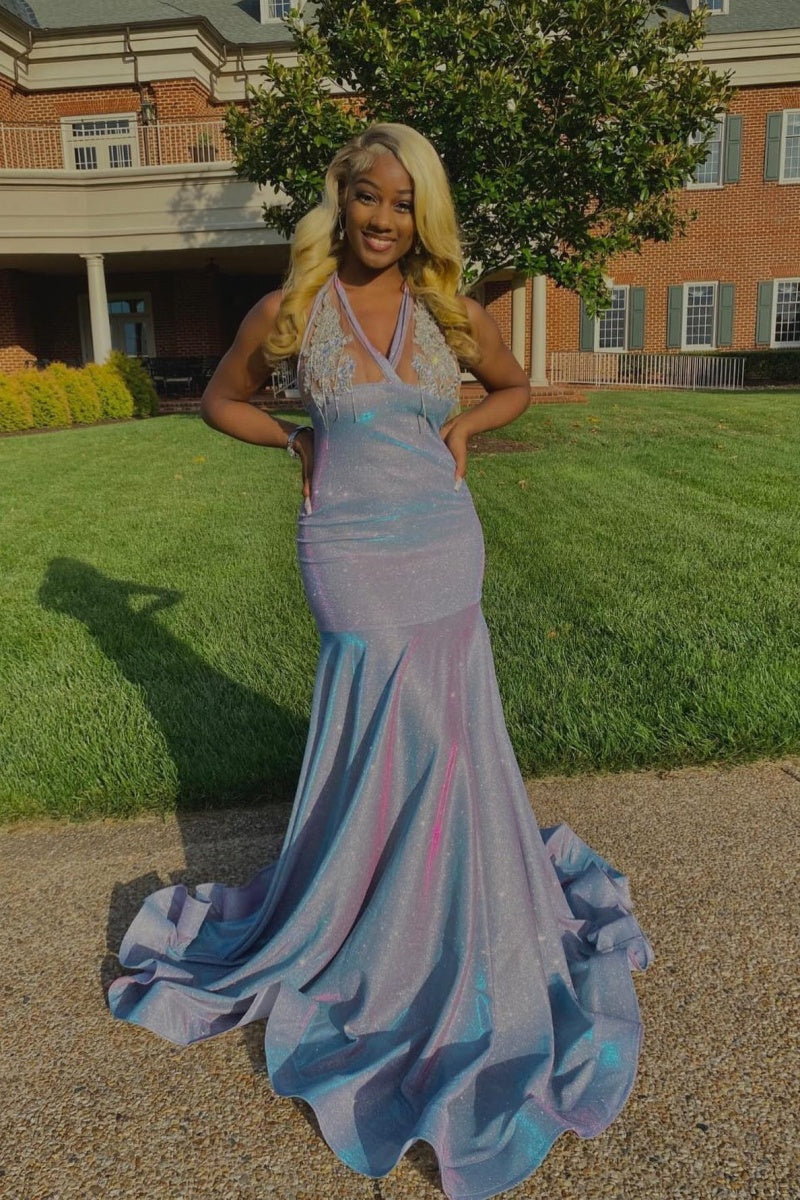 Chic Light Purple Sequins Halter Mermaid Prom Dresses