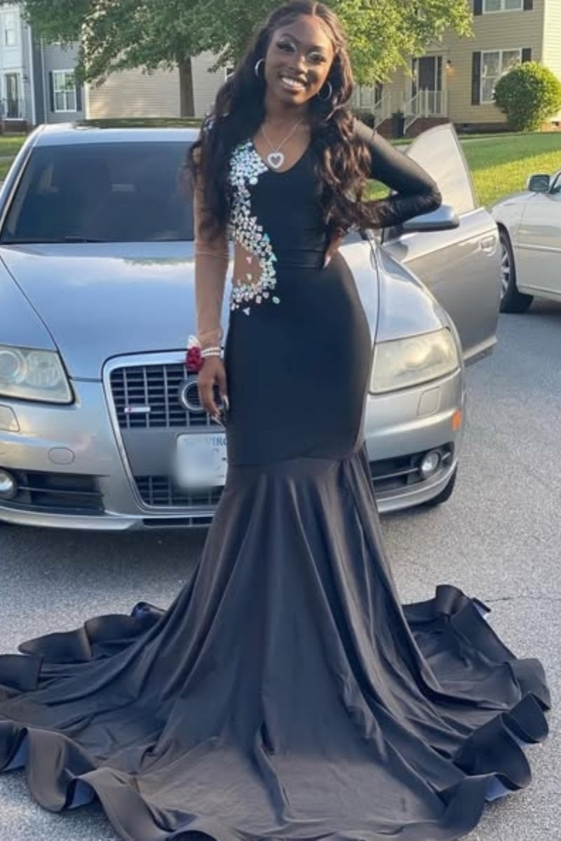 Fashion Black V-Neck Long Sleeves Mermaid Prom Dresses With Beadings