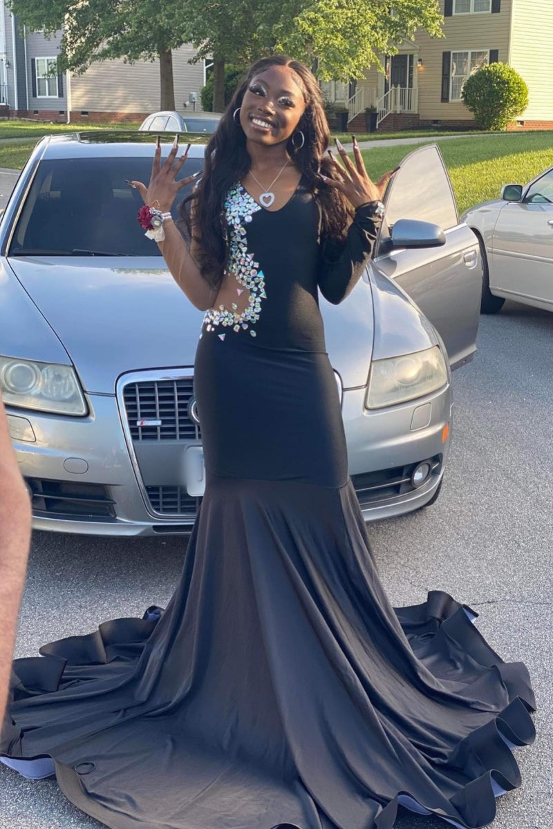 Fashion Black V-Neck Long Sleeves Mermaid Prom Dresses With Beadings