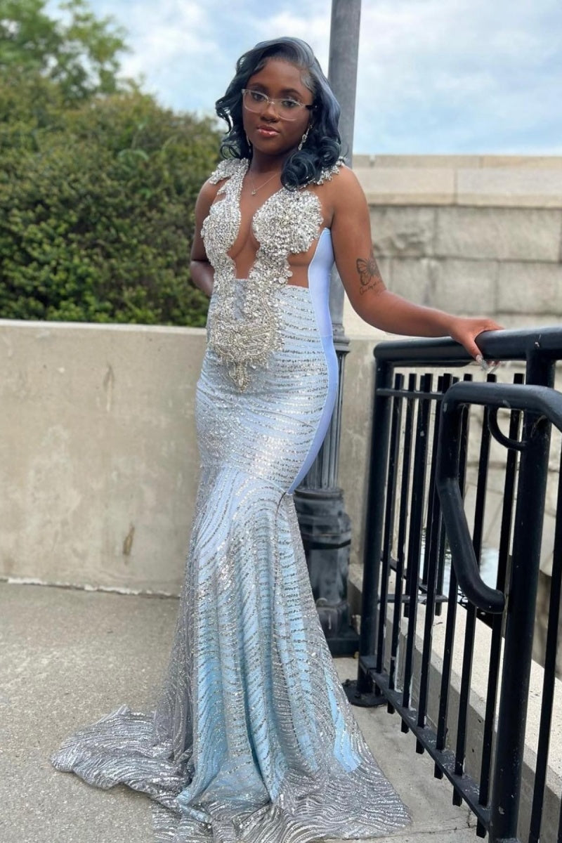 Elegant Silver Jewel Sequins Mermaid Prom Dresses With Appliques