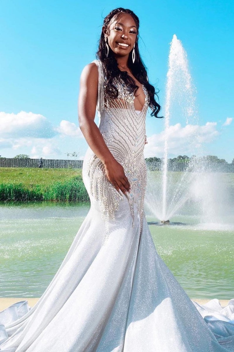 Sparkle Silver Sequins V-Neck Mermaid Prom Dresses With Tassels