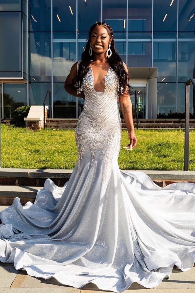 Sparkle Silver Sequins V-Neck Mermaid Prom Dresses With Tassels