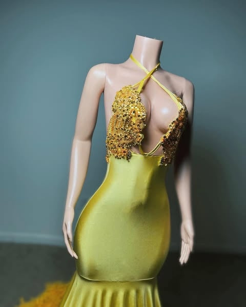 Yellow Sexy Beadings Mermaid Prom Dresses With Feathers