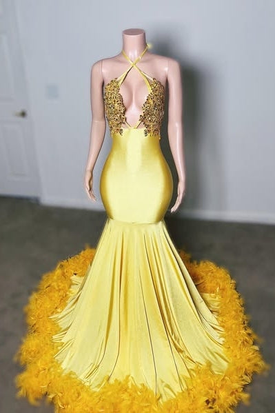 Yellow Sexy Beadings Mermaid Prom Dresses With Feathers