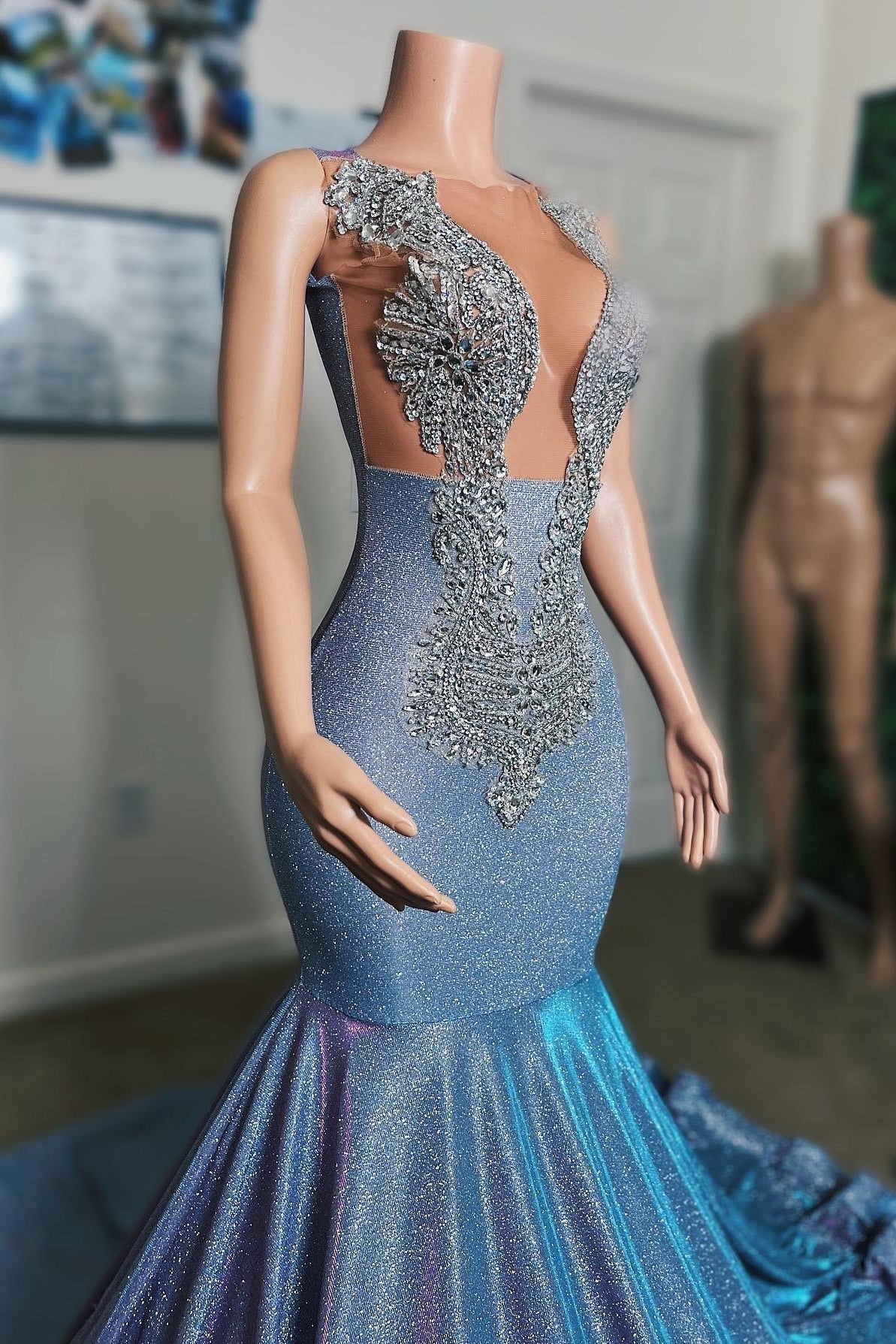 Gorgeous Light Blue Sequins Mermaid Prom Dresses With Beadings