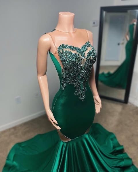 Elegant Dark Green Beadings Mermaid Prom Dresses