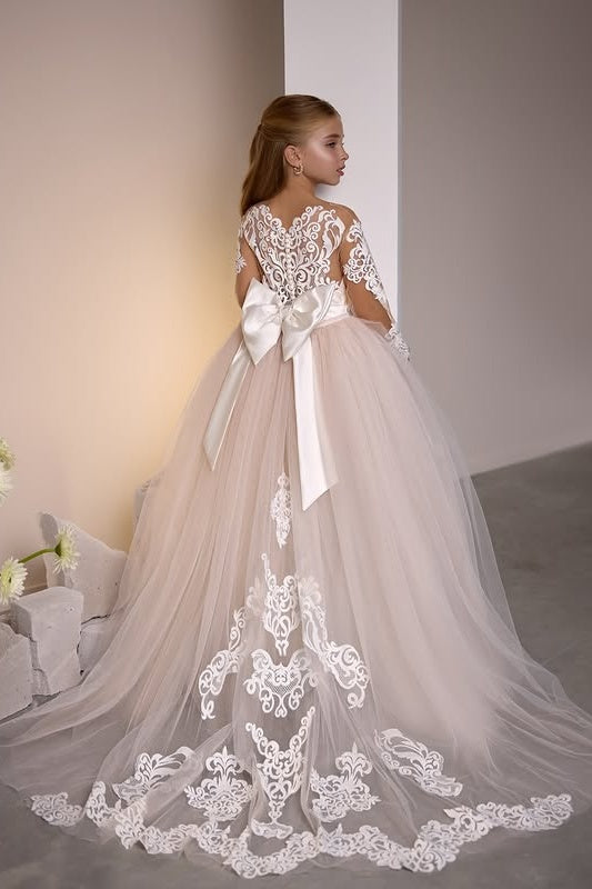 Nectarean Jewel Long Sleeves A Line Appliques Tulle Lace Flower Girl Dresses