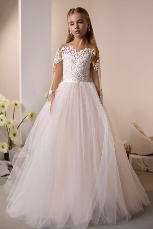 Nectarean Jewel Long Sleeves A Line Appliques Tulle Lace Flower Girl Dresses