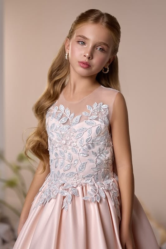 Charming Dusty Pink Satin Beadings Appliques Flower Girl Dresses