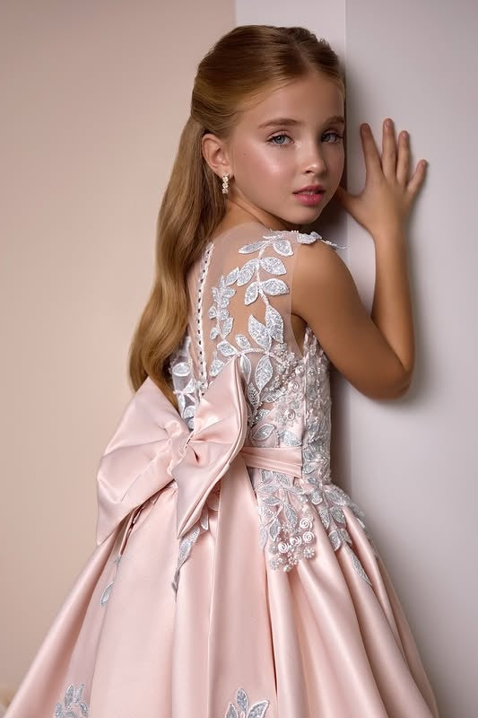Charming Dusty Pink Satin Beadings Appliques Flower Girl Dresses