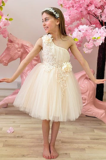 Fancy One Shoulder Appliques Tulle Flower Girl Dresses