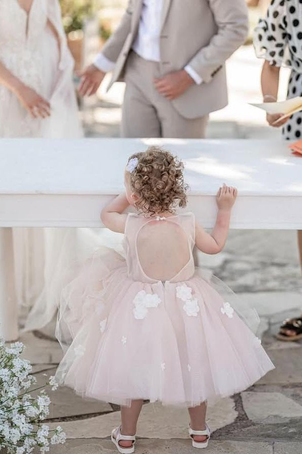 Mild Jewel Sleeveless Backless Appliques Tulle Flower Girl Dresses