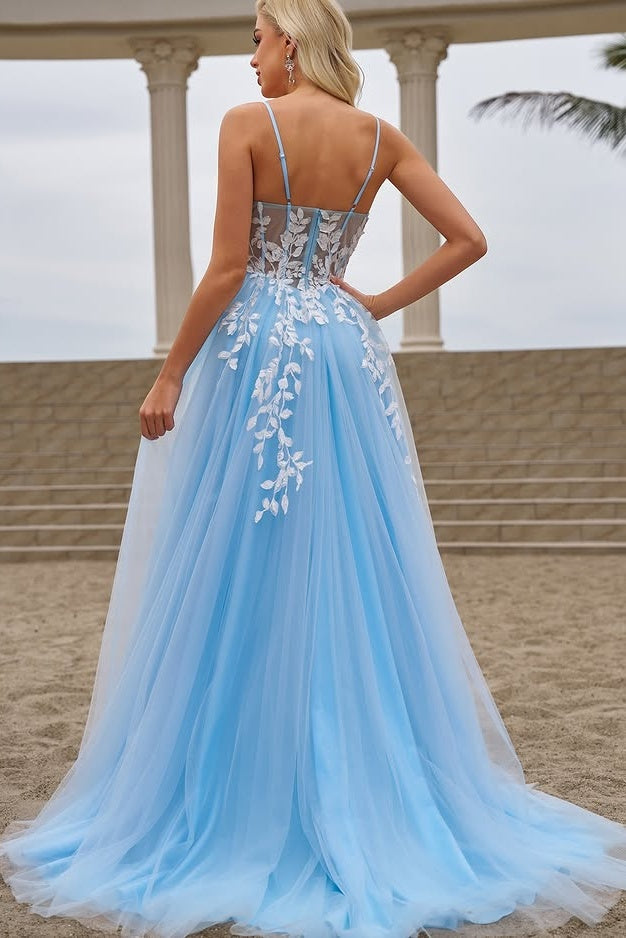 Beautiful Blue Spaghetti Strap Appliques Lace Tulle Evening Dresses