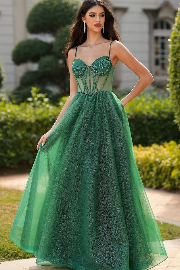 Mild Green Spaghetti Strap Beadings A Line Sequins Evening Dresses