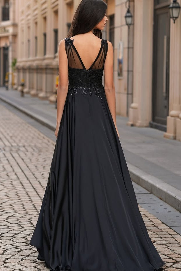 Generous Black Sheer Straps Sequins Appliques Side Slit Evening Dresses